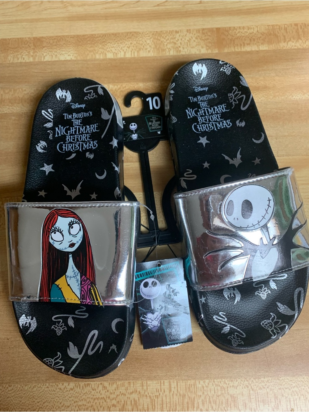 Night Before Christmas Black & Silver Metallic Slides, Unisex, Adult Sz 10, NWT